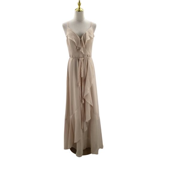 AW BRIDAL 10 L Biscotti cream ruffle bridesmaid formal party maxi dress NEW B112 - Picture 1 of 7